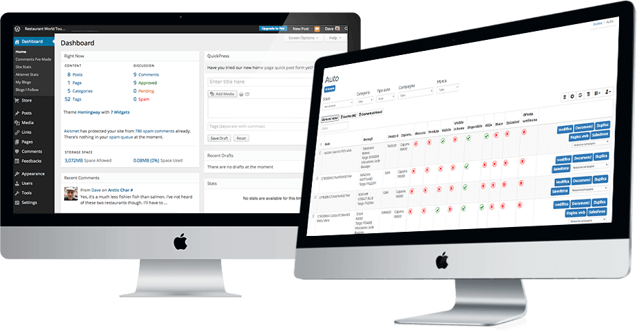 Dashboard dei CMS che utilizziamo con più frequenza: a sinistra la dashboard di wordpress, a destra quella di un nostro CMS su misura